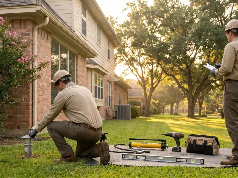 Level Up Foundation Repair crew stabilizing a Houston home foundation