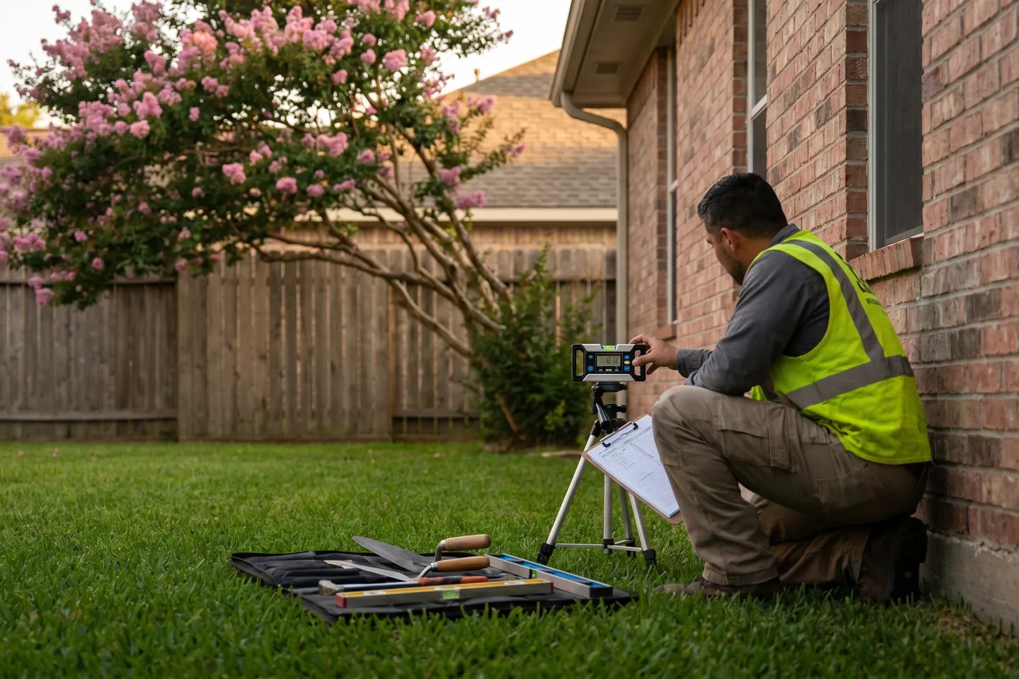 Level Up technician taking foundation elevation readings at a Houston home