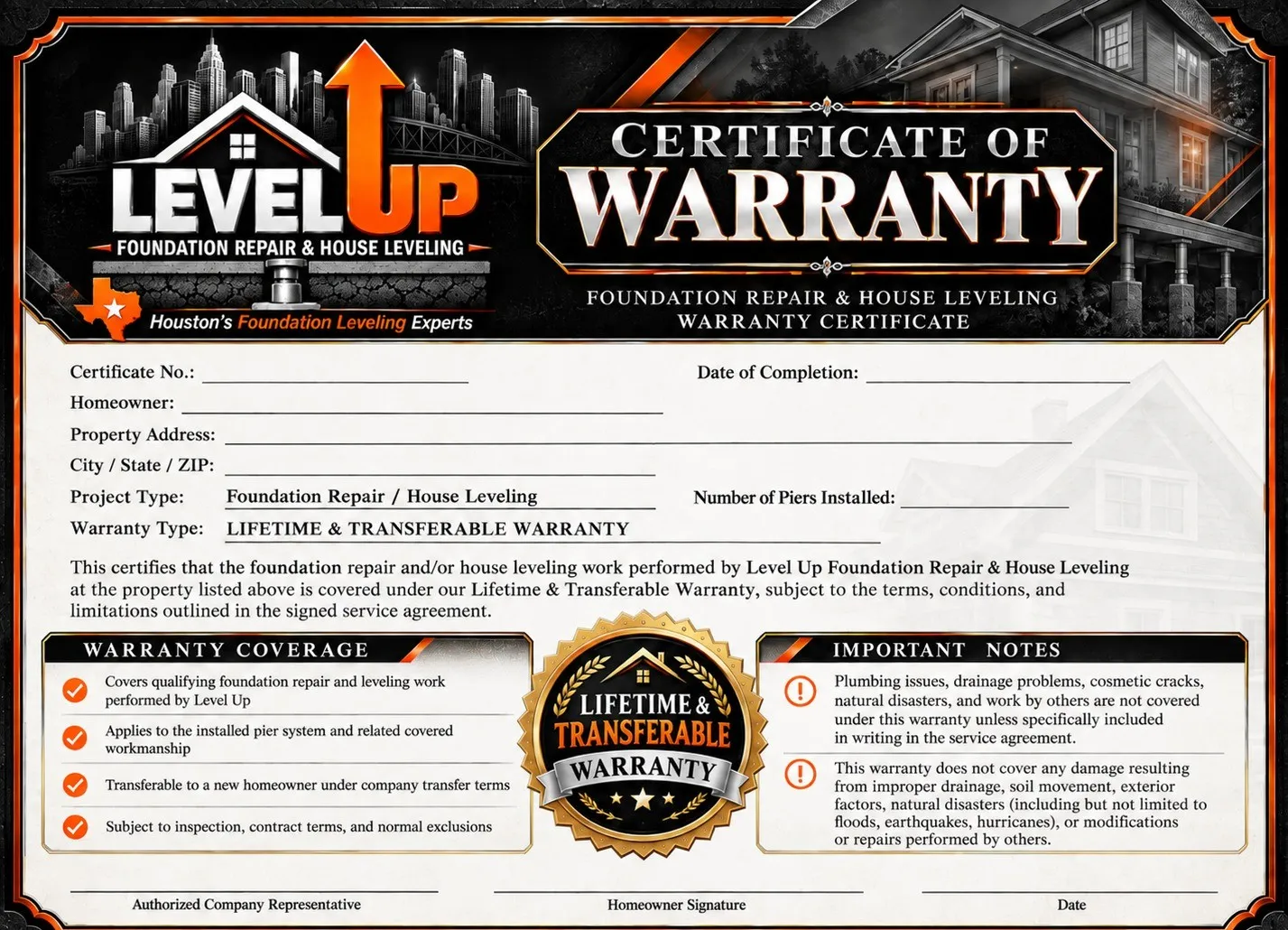 Level Up Foundation Repair and House Leveling Certificate of Warranty. Lifetime and transferable warranty covering qualifying foundation repair and leveling work, the installed pier system, and related workmanship, transferable to a new homeowner.